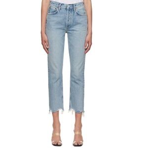 Agolde Riley High Rise Straight Crop Jeans in Curio Light Wash Raw Hem Denim 25